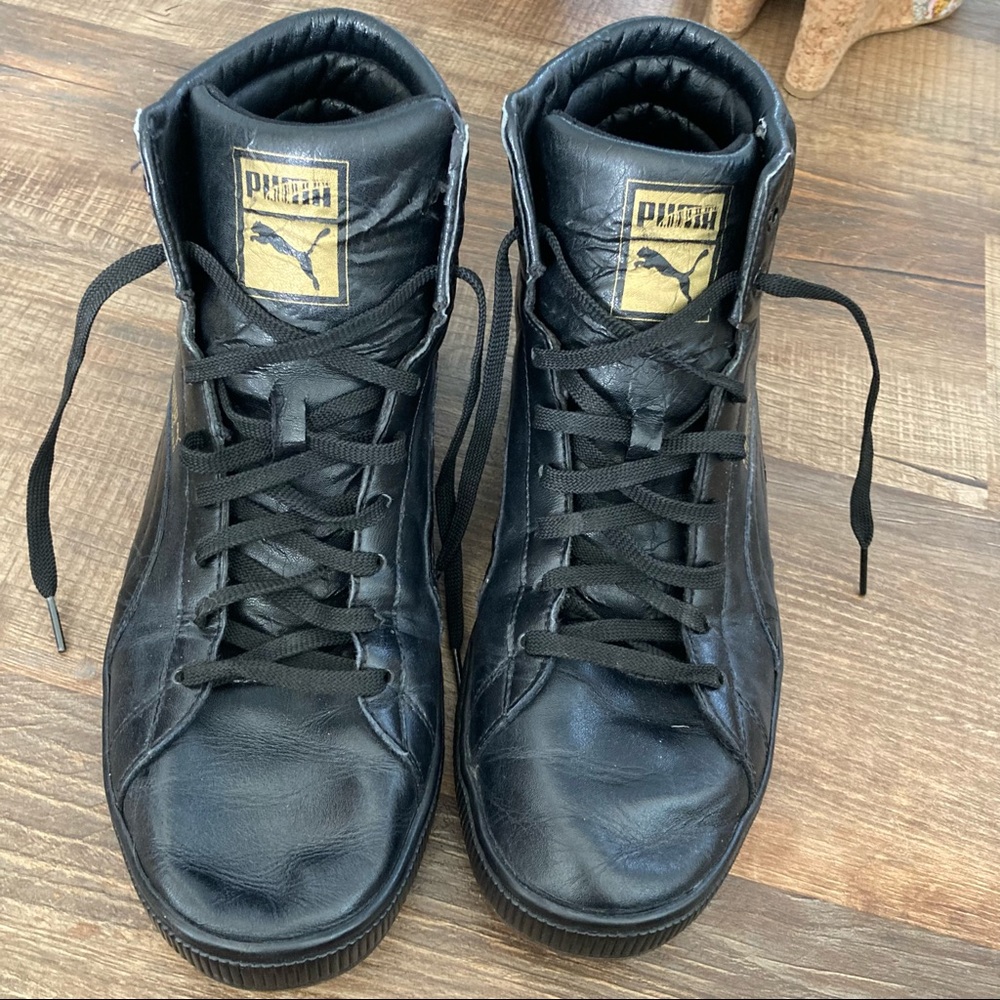 Mens PUMA Sz12 black/gold faux leather First Round high tops 👟 Shoes